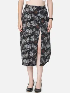 SCORPIUS Women Black & Grey Floral Printed Straight Midi Skirt
