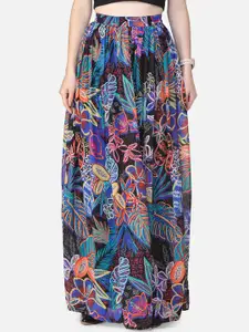SCORPIUS Women Black & Blue Floral Printed Maxi Flared Skirt
