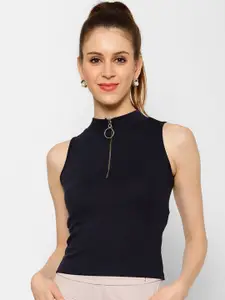 KASSUALLY Women Navy Blue Solid Fitted Top