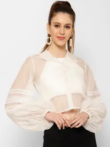 KASSUALLY Women White Regular Fit Solid Crop Casual Shirt