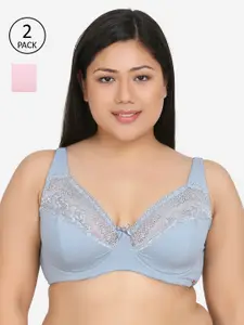 Curvy Love Plus Size Grey  Blue Lace Underwired Lightly Padded Plunge Bra