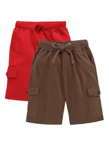 KiddoPanti Boys Pack Of 2 Coffee Brown & Red Solid Regular Fit Cargo Shorts
