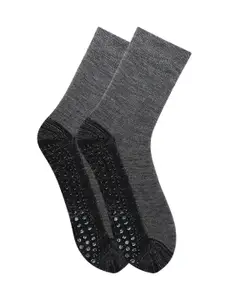 Bonjour Men Grey & Black Patterned Anti-Skid Woolen Calf Length Socks