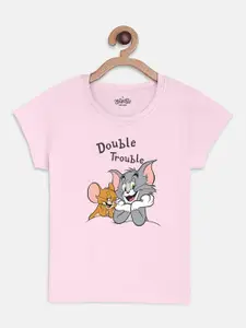 Kids Ville Girls Pink Tom  Jerry Printed Round Neck Cotton Pure Cotton T-shirt