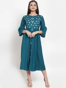 Miaz Lifestyle Women Teal Blue & White Embroidered Fit and Flare Dress