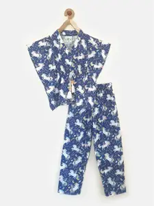 The Kaftan Company fashion Girls Navy Blue & White Printed Night Suit