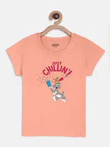 Kids Ville Tom & Jerry Girls Peach-Coloured & Red Printed Round Neck T-shirt