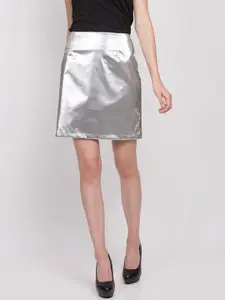 ZOELLA Women Silver-Colored Solid Straight Mini Skirt