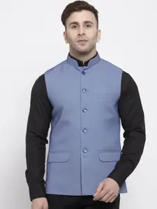 Wintage Men Blue Self Design Satin Nehru Jacket