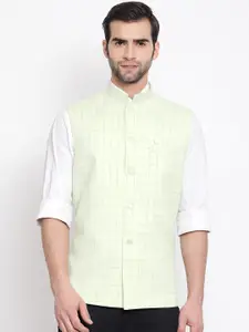 VASTRAMAY Men Green & Grey Checked Woven Slim-Fit Nehru Jacket