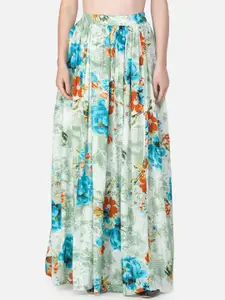 SCORPIUS Women Green & Blue Floral Printed Maxi Flared Skirt