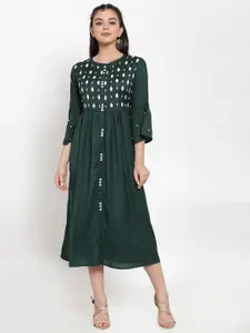 Miaz Lifestyle Women Green Embroidered A-Line Dress