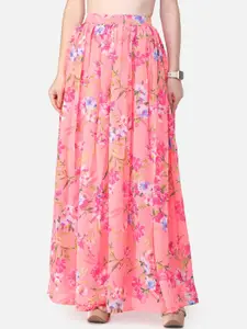 SCORPIUS Women Pink & Green Floral Printed Pleated Flared Maxi Skirt