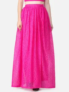 SCORPIUS Women Magenta Pink Self-Design Lace Flared Maxi Skirt