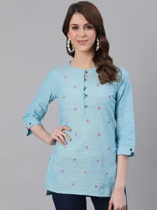 Jaipur Kurti Women Blue & Pink Woven Design A-Line Kurti
