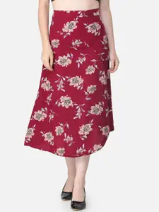 Cation Women Maroon & Beige Floral Printed A-Line Skirt