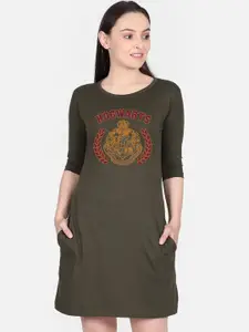 Free Authority Olive Green Harry Potter Printed T-shirt Dress