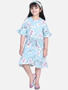 StyleStone Girls Turquoise Blue & White Floral Printed A-Line Dress