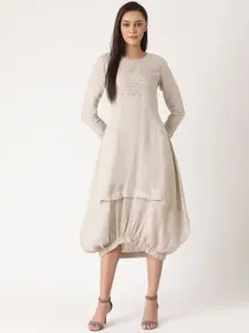 ROOTED Women Beige Self Design Linen A-Line Dress