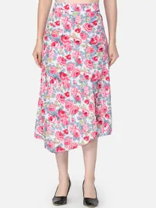 Cation Women Pink & Blue Floral Printed A-Line Skirt