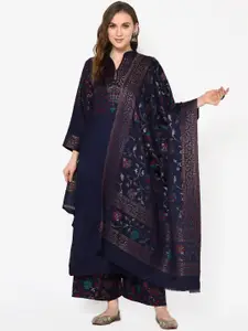 Safaa Women Navy-Blue Viscose Acrylic Woven Design Suit Unstiched Dress Material For Winter