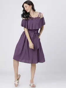 Tokyo Talkies Women Purple Solid Fit and Flare Dress