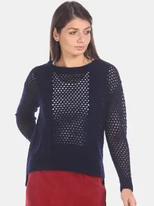 Aeropostale Women Navy Blue Self Design Pullover Sweater