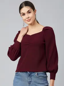 Marie Claire Women Maroon Sweetheart Neck Puff Sleeves Crepe Top