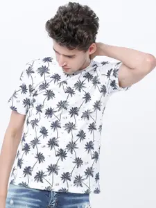 HIGHLANDER Men White & Navy Blue Printed Round Neck T-shirt