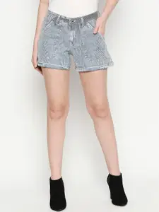 People Women Blue Striped Regular Fit Denim Shorts
