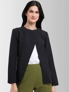 FableStreet Women Black Solid Asymmetric Closure Tailored Blazer