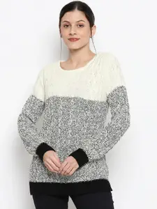People Women Black & White Self Design Pullover Sweater