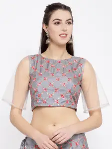 studio rasa Grey Floral Embroidered Flared Sleeves Net Crop Top