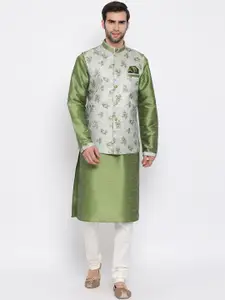 VASTRAMAY Men Green Regular Kurta with Churidar & Nehru Jacket