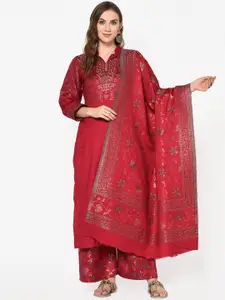 Safaa Women Marron Viscose Acrylic Woven Design Suit Unstitched Dress Material For Winter
