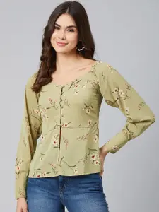 Marie Claire Green Floral Printed Crepe Top