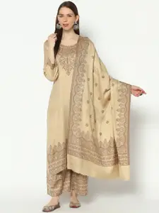 Safaa Women Camel Poly Woven Design Suit Unstitched Dress Material For Winter