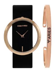 JOKER & WITCH Women Black & Rose Gold-Toned Analogue Watch & Cuff Bracelet Gift Set JWBS274