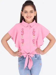 CUTECUMBER Girls Pink Floral Embroidered Flared Sleeves Georgette Shirt Style Top