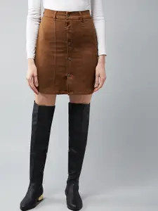 DOLCE CRUDO Women Brown Solid Denim Pencil Mini Skirt