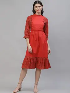 Athena Women Red & Black Printed Fit and Flare Dress