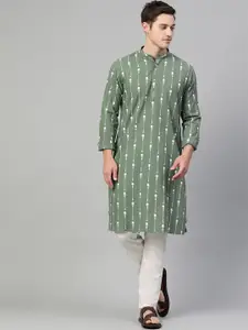 See Designs Men Green & White Printed Kurta with Pyjamas
