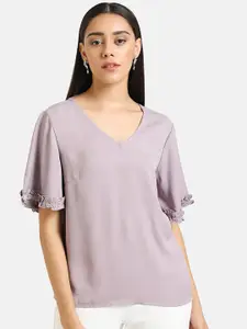 Kazo Lavender Flared Sleeves Pure Cotton Styled Back Top