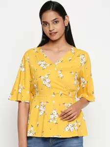 Honey by Pantaloons Yellow Floral Printed Flared Sleeves Cinched Waist Top