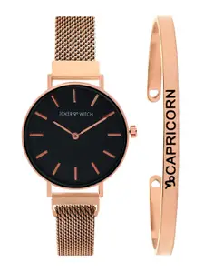 JOKER & WITCH Women Black & Rose Gold-Toned Natalie Capricorn Watch & Bracelet Gift Set JWBS284