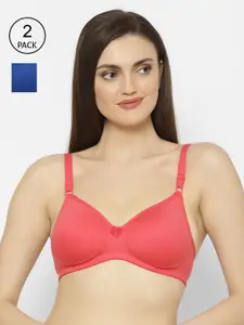 Floret Pack of 2 Coral Pink & Blue Solid Non-Wired Lightly Padded Push-Up Bra T3052