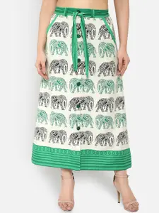 Ayaany Women White & Green Printed A-Line Maxi Skirt