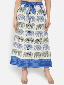 Ayaany Women Off-White & Blue Ethnic Motif Printed A-Line Midi Skirt