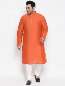KISAH PLUS Men Orange & White Self Design Kurta with Pyjamas
