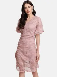 Kazo Women Pink Self Design Fit and Flare Dress